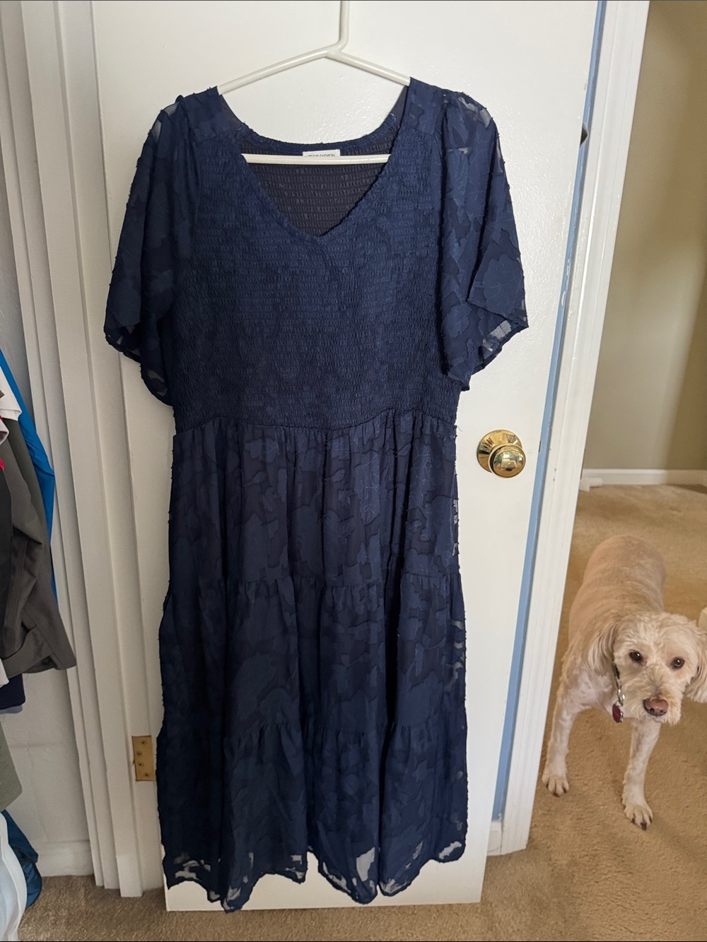 Women's Navy Blue V-Neck Textured Tiered Dress